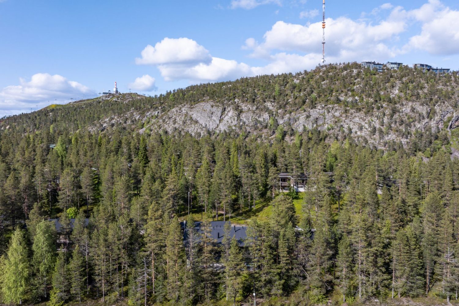Näkymä Rukatunturille kesällä, metsää ja tunturin laen rakennukset